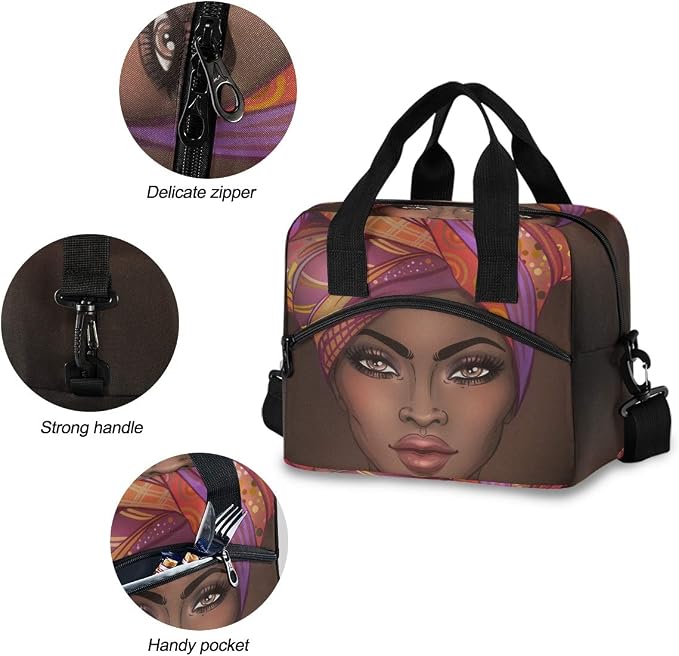 African American Woman Lunch Bag Lunch Bag for Girls Boys Women Men,Insulated and Water-resistant Thermal Cooler Bag with Adjustable Strap for School Office Picnic