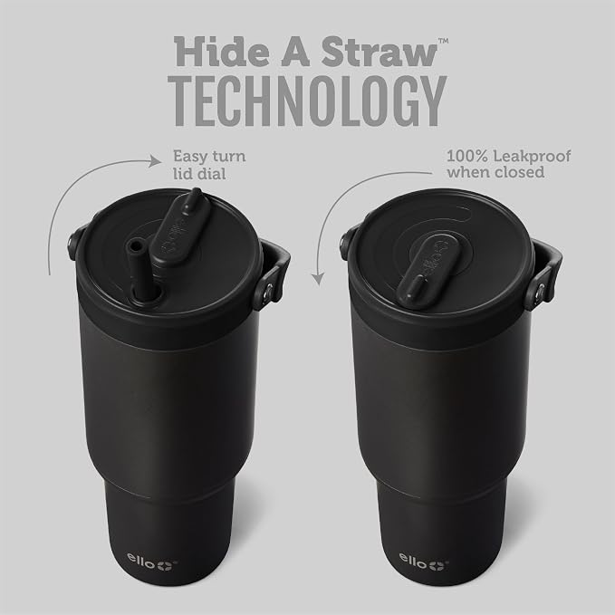 Ello Oasis Go+ 32oz Tumbler with Top Handle and Retracting Straw | Reusable Insulated Stainless Steel Cup, 100% Leakproof Water Bottle, 24 Hours Cold, Cup Holder Friendly For Travel | Black