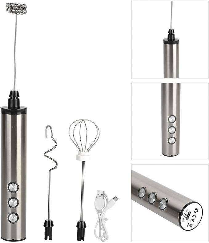 Milk Frother, Milk Mixer, Stainless Steel Milk Frother USB Charging Handheld Electric Egg Beater for Home Kitchen