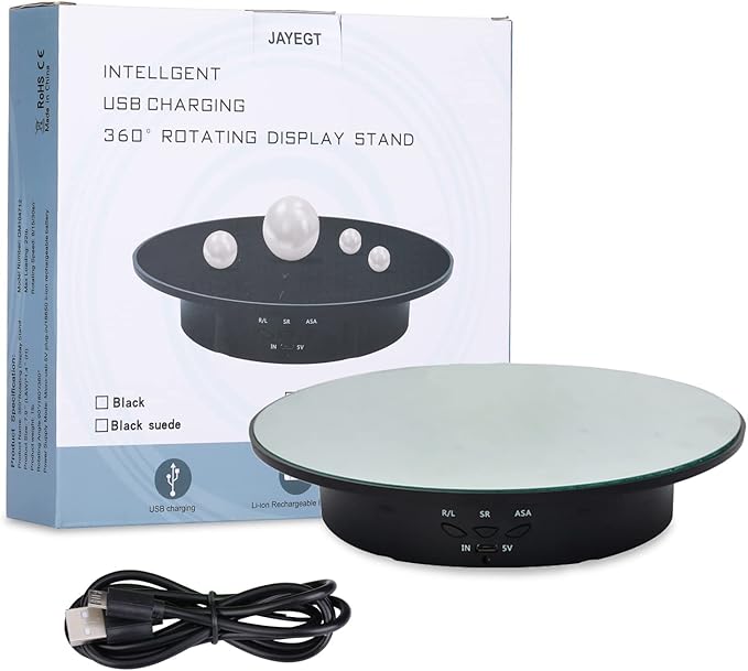 JAYEGT Motorized Rotating Display Stand, 7.87inch /17.6lbs Load, 360 Degree Electric Rotating Turntable for Photography Products, Jewelry, Cake,3D Model , Mirror Cover (Black/Button Control)