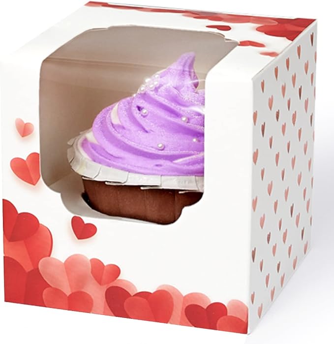 Valentine's Day Individual Cupcake Boxes 60 Pack with Window Single Cupcake Containers for Muffins, Chocolate Covered Strawberry for Wedding Favor Gift Cocoa Bomb Packaging with Inserts