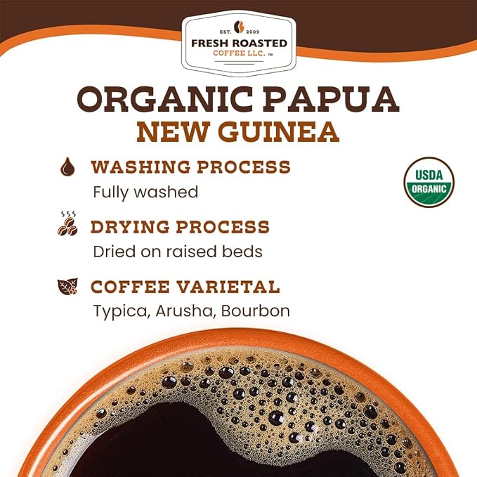 Fresh Roasted Coffee, Organic Papua New Guinea Whole Bean Coffee, Medium Roast, USDA Organic, 100% Single Origin, Kosher, 12 oz