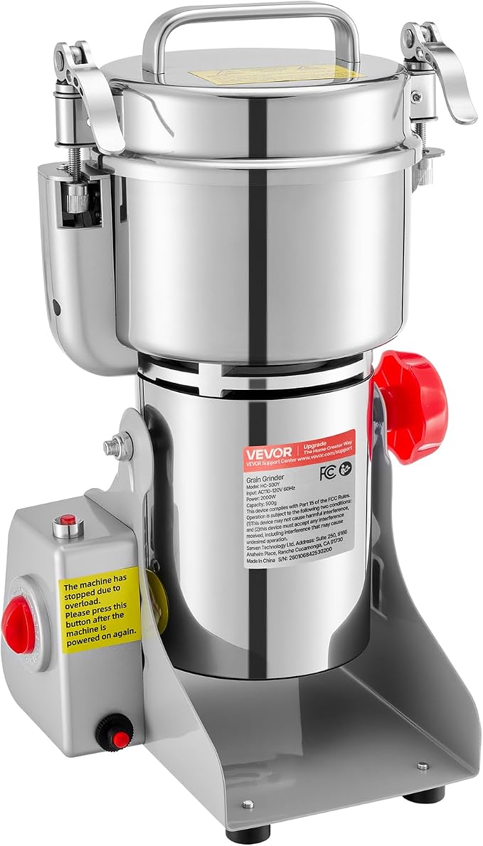 VEVOR 500g Electric Grain Mill Grinder, High Speed 2000W Commercial Spice Grinders, Stainless Steel Pulverizer Powder Machine, for Dry Grains Spices Cereals Coffee Corn Pepper, Swing Type
