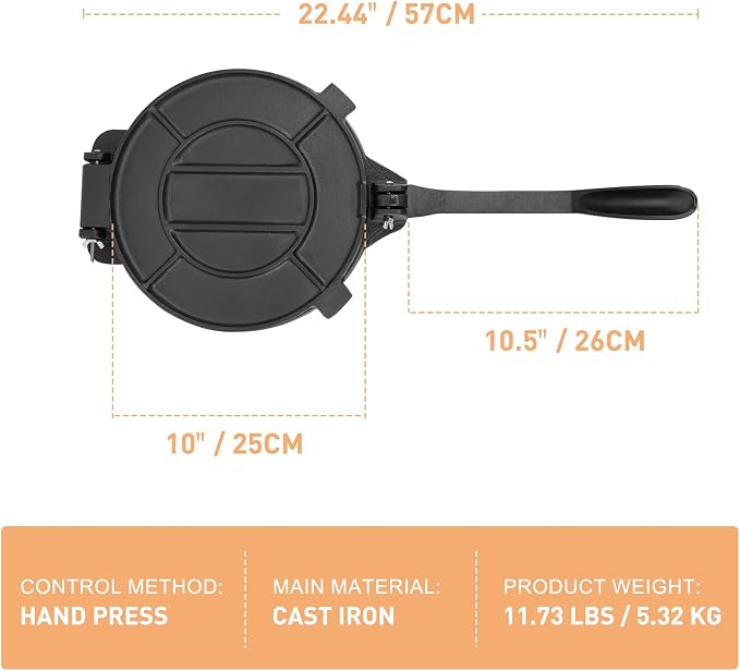 Cast Iron Tortilla Press 10 inch, Heavy Duty Tortilla Pataconera, Flour Tortilla Press with Foldable Handle, Taco press with Some Parchment Paper, Roti Maker, Black