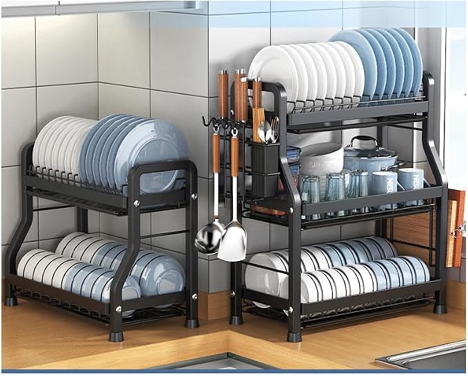 LMingKun Over The Sink Dish Drying Rack,Dish Rack, Dish Dryer Rack, Dish Drain, Black Dish Drying Rack,Snap-On Design 2-3 Tier Small Dish Rack Stainless Steel (20.9''X10.2''X24.8'')