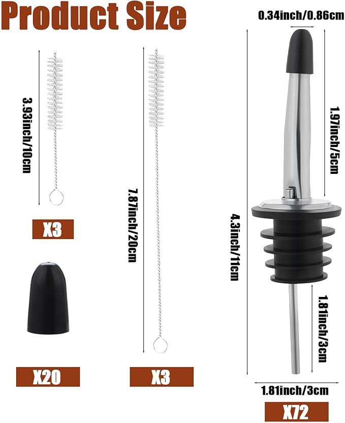 72 Pcs Stainless Steel Pour Spouts for Liquor Bottles with Rubber Dust Caps Tapered Bottle Pourers for Alcohol Olive Oil Wine Syrup Whiskey Bar Bartending Accessories