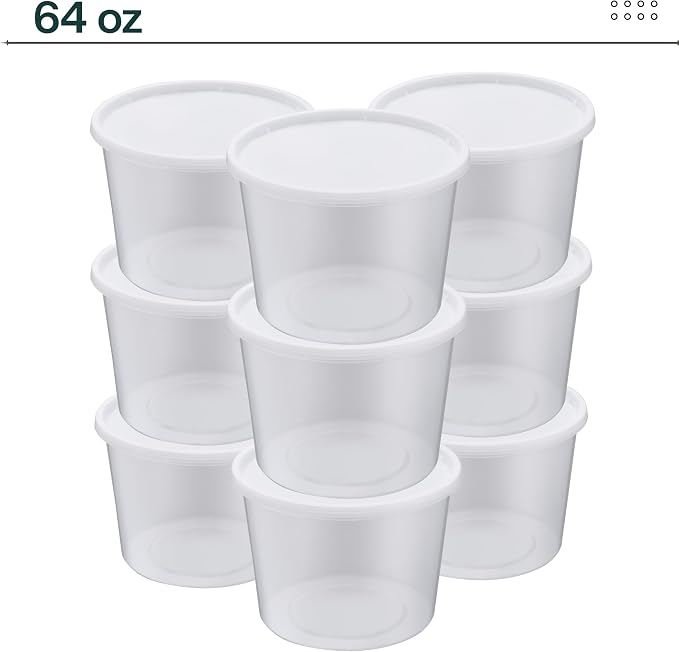 64oz [20 set] Heavy Duty Plastic Deli Container | BPA-Free Food Storage with Airtight Leak‑Proof Lids | Microwave, Freezer & Dishwasher Safe – Stackable, Bulk Reusable Soup & Meal Prep Tub