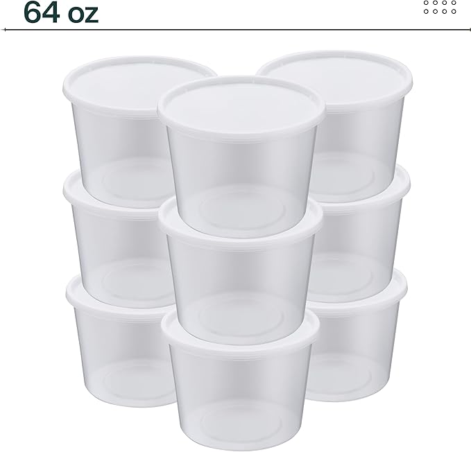 64oz [12 set] Heavy Duty Plastic Deli Container | BPA-Free Food Storage with Airtight Leak‑Proof Lids | Microwave, Freezer & Dishwasher Safe – Stackable, Bulk Reusable Soup & Meal Prep Tub