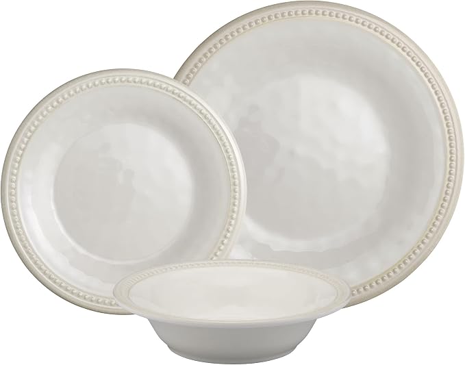 UPware 12 Piece Beaded Melamine Dinnerware Sets, Outdoor Dishes Set, Plates and Bowls Sets, Service for 4, Cream