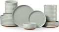 E-far 24-Piece Stoneware Dinnerware Sets, Plates and Bowls Sets for 8, Ceramic Dishware Dishes Set with Terracotta Base, Chip & Scratch Resistant, Microwave & Dishwasher Safe, Speckled Green