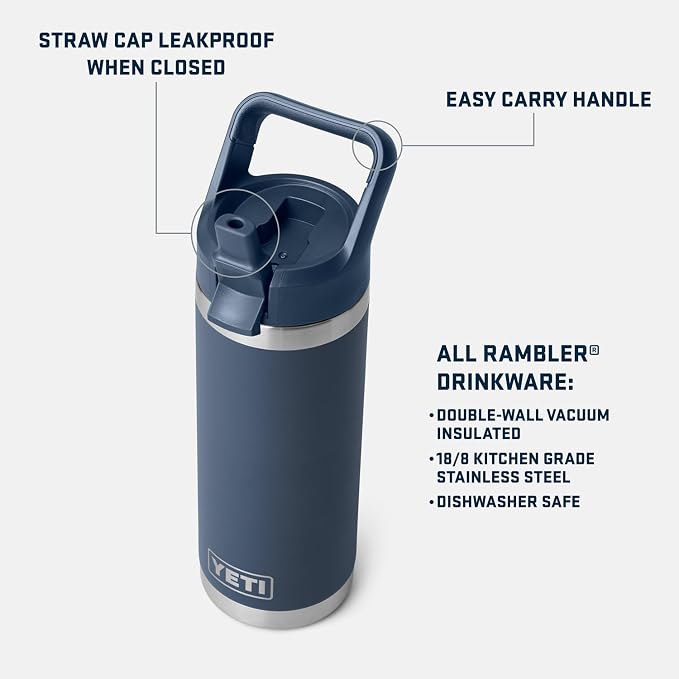 YETI Rambler 18 oz Bottle, Vacuum Insulated, Stainless Steel with Color Matching Straw Cap, Rescue Red