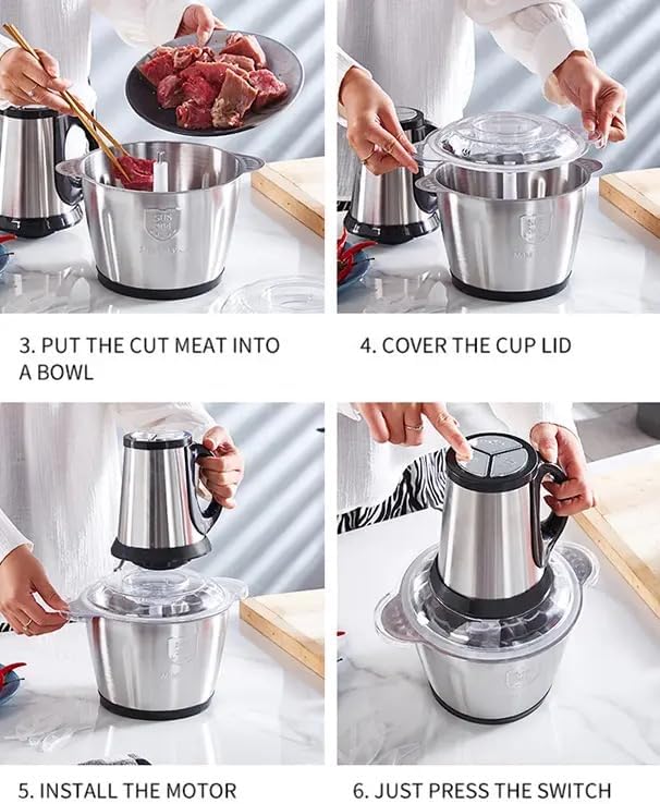 Procesador de alimentos, potente picadora de carne de 2.L. 300 W, cuenco de acero inoxidable de 3 modos de velocidad, 4 cuchillas de dos niveles para cebolla, carne, nueces, frutas, ajo,