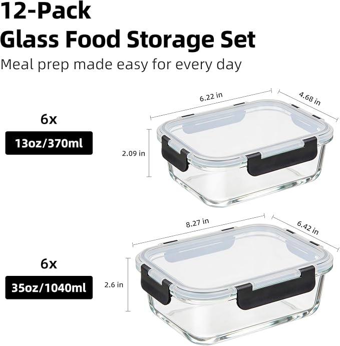 Konokyo 24 Pack Rectangular Glass Food Storage Containers with Lids, 12 Pink + 12 Black, Airtight Leakproof Meal Prep Containers, BPA-Free, Microwave Oven Freezer & Dishwasher Safe