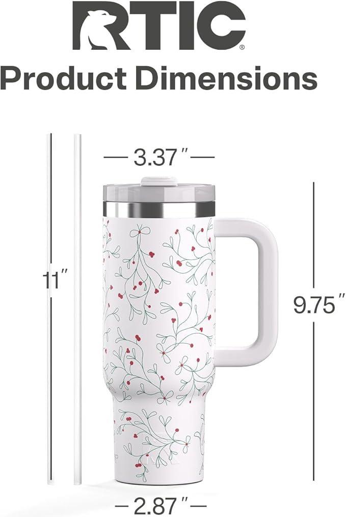 RTIC 30 oz Road Trip Tumbler Double-Walled Ceramic Lined InsulatedStainless Steel Portable Travel Coffee Mug Cup with Lid, Handle and Straw, Mistletoe