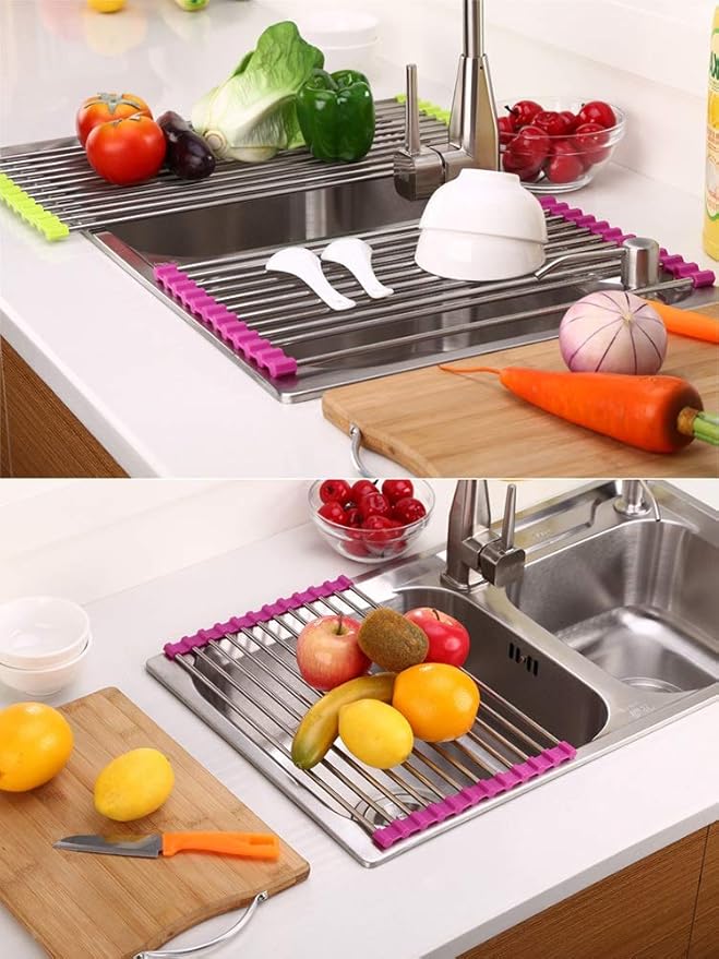 Roll Up Dish Drying Rack, Over The Sink Kitchen Rolling Sink Rack Multipurpose Dry Dish Drainer Rack，Stainless Steel Foldable Dish Drying Rack，for Sink Counter(Black,28 * 37cm)