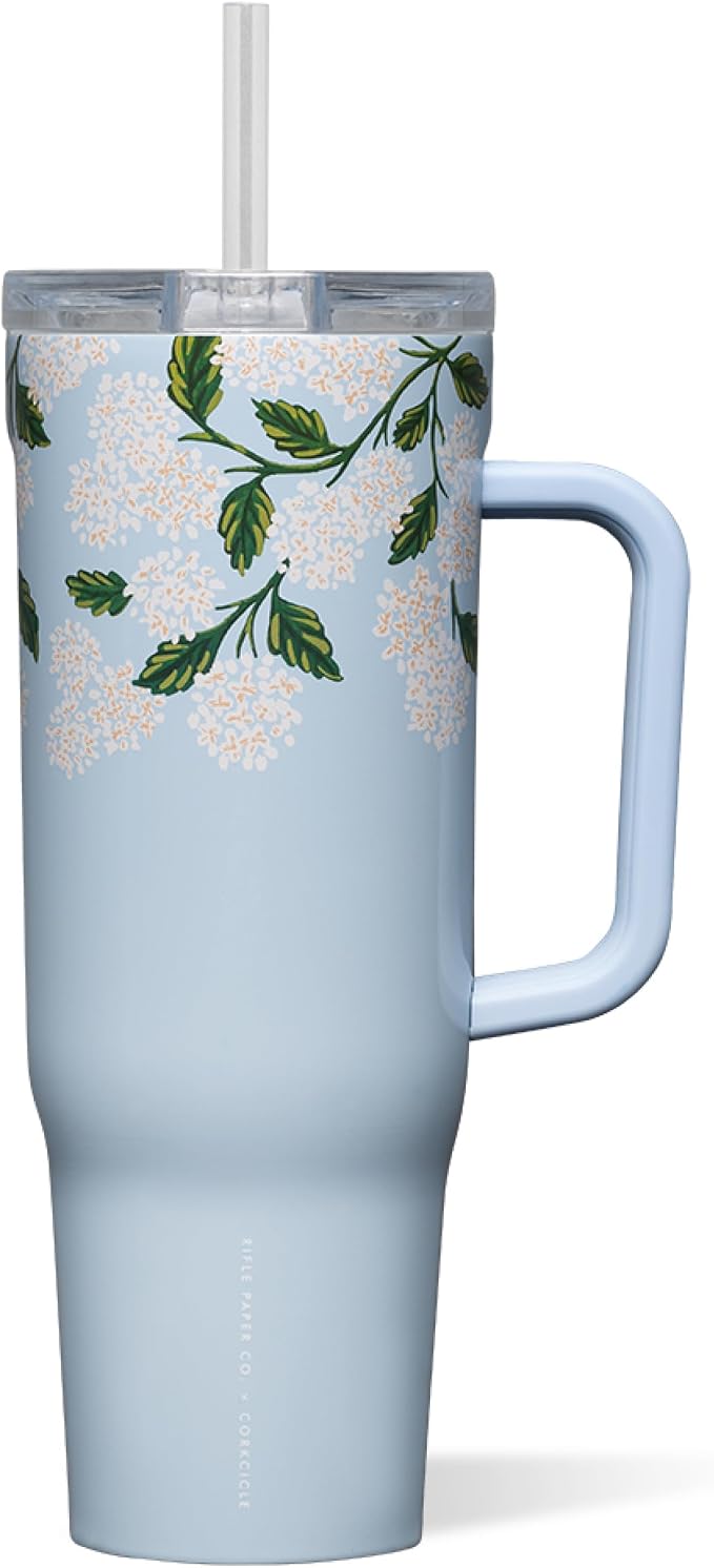 Corkcicle x Rifle Paper Co. Cruiser Insulated Tumbler with Handle & Straw - Keeps Drinks Cold 20 Hours - BPA-Free - 40 oz - Gift for Mom - Great for Mother's Day or Christmas - Gloss Blue Hydrangea