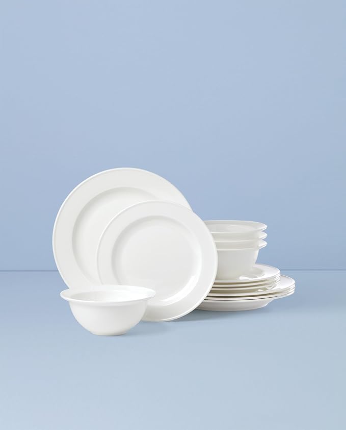 Lenox Dinnerware Set, Studio 1414 Rimmed 12-Piece Set, Service For 4, Bone China Material, Dishwasher & Microwave Safe, Home And Kitchen, Kitchen And Dining, Plates And Bowls Sets (White, 12 Pieces)