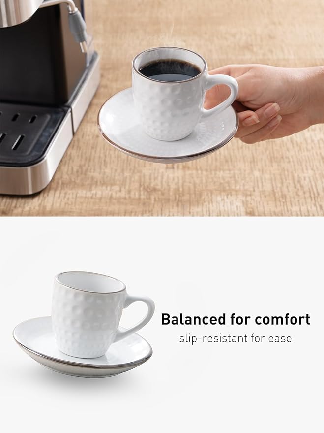 famiware Espresso Cups and Saucers Set of 4, 3 oz Ceramic Small Coffee Mug with Handle, Embossed Stoneware Demitasse Cup for Tea, Latte - Microwave & Dishwasher Safe - White Circle (Pack of 2)