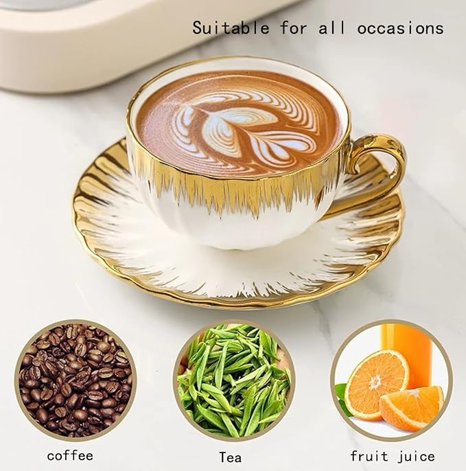 CHANJOON 6 Teacups Tea Tray Spoon Set, 6oz with Galvanized Gold Rim and Gift Box, Ceramic White English Coffee Teacup (gold color, Large)