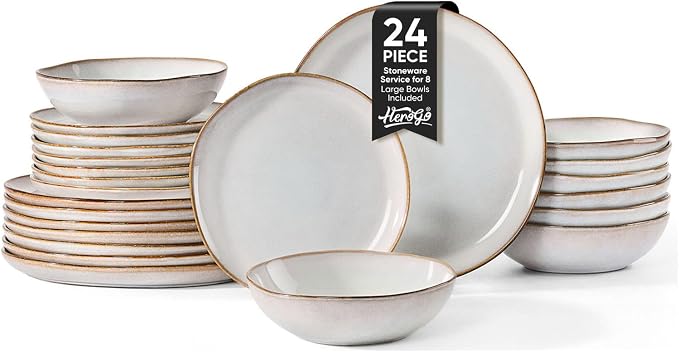 Herogo 24Pcs Plates and Bowls Dinner Set, Stoneware Dinnerware Dishes Sets for 8, Ceramic Dishware Tableware Includes Dinner Salad Plates, Soup Bowls, Microwave & Dishwasher Safe, Pearl White