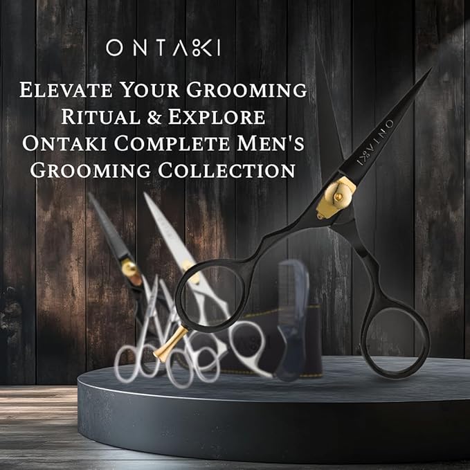 Ontaki Beard & Mustache Scissors for Men - 5.5" Japanese Steel, Black - Precision Sharp Blades, Ergonomic Finger Rest & Adjustable Tension Screw for Perfect Trimming - Beard Scissors for Men