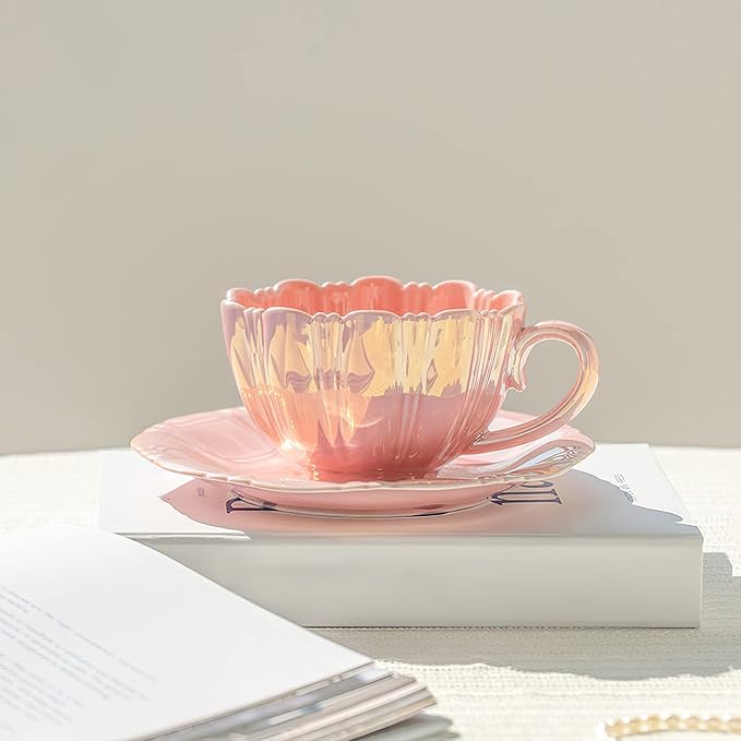 amokk Porcelain Coffee Mugs Flower Shaped Tea Cup and Saucer Set for Housewarming Gift Home Decor (Pink)