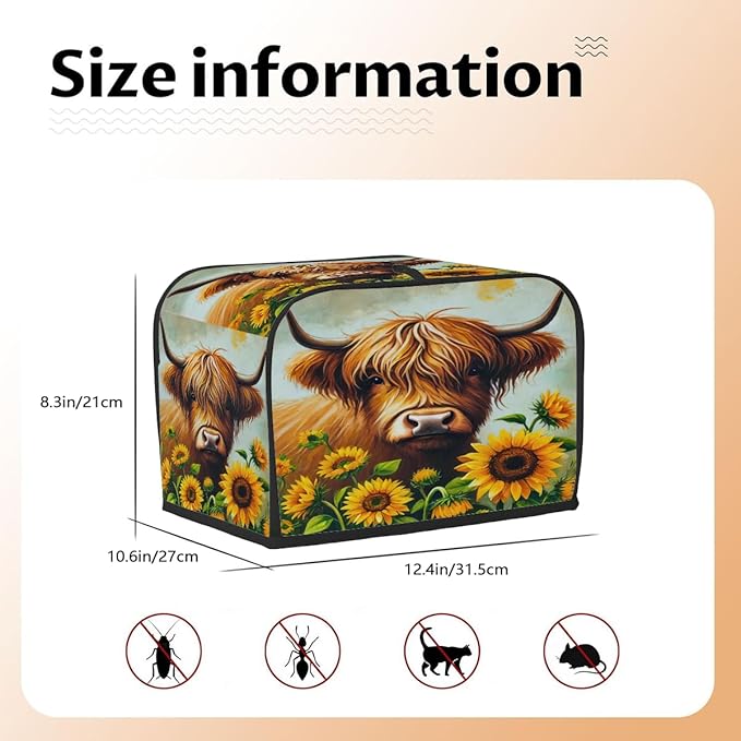 Sunflower Highland Cow 4 Slice Toaster Cover Dust And Fingerprint Bread Maker Cover Bakeware Protector Washable Appliance Covers Kitchen Accessories For Home Kitchen Women Gift