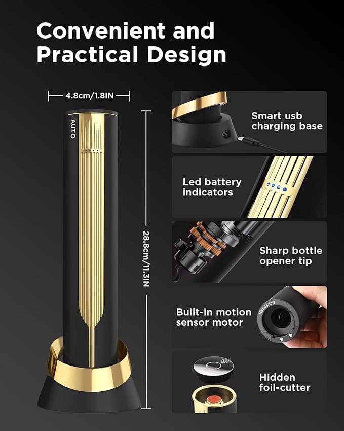 Newise Rechargeable Electric Wine Opener with Charging Base & Foil Cutter, Automatic Corkscrew for 60 Bottles, Luxury Mothers Gift for Wine Lovers Women Men - Gold & Black