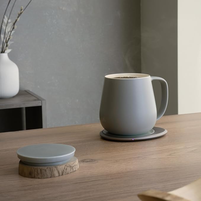 OHOM Ui+ Self-Heating Mug Set – Soft Gray | 18 fl oz / 532 mL Ceramic Coffee & Tea Mug Set with Heating Pad