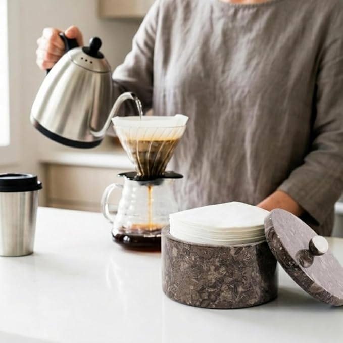 Marble Coffee Filter Holder – 6 inch Handmade Oceanic Coffee Filter Holder with Lid, Storage Organizer for Kitchen Countertop & Bar Decor