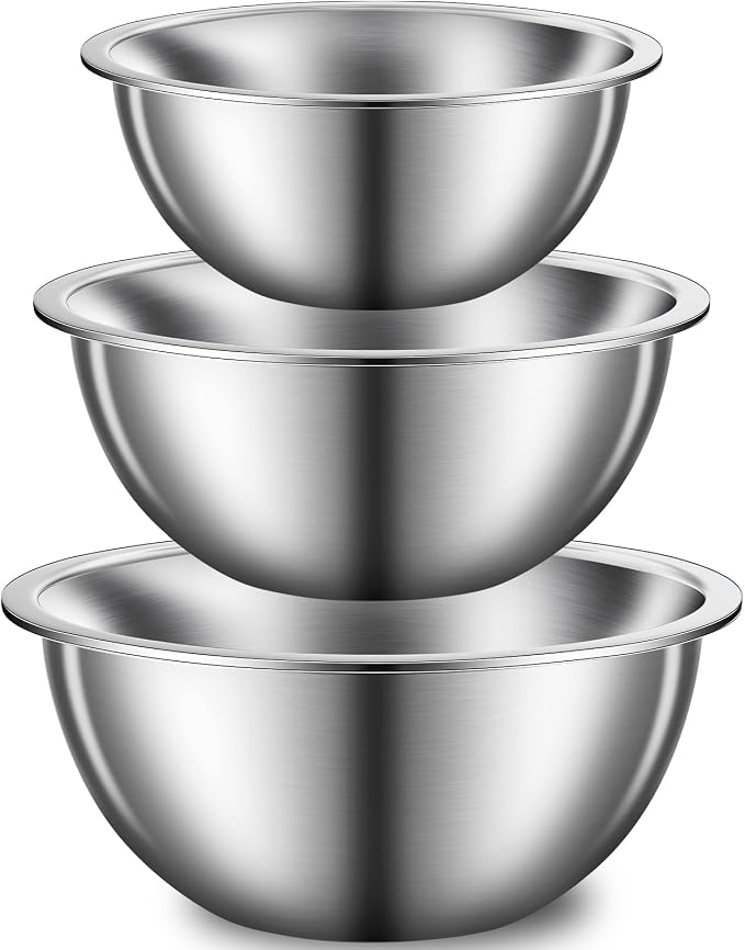 DUTZUN Stainless Steel Bowls, Metal Mixing Bowl Set of 3 (1.1, 1.6, 3.0 QT), Dishwasher Safe