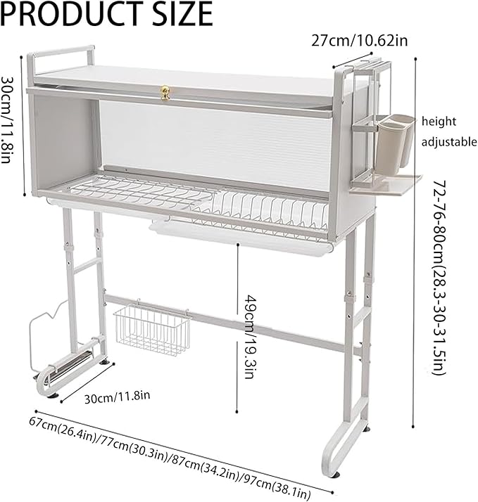 Dish Rack Cabinet Over Sink Standing Dish Drying Rack Dish Drainer Organizer with Adjustable Height Kitchen Large Capacity Kitchen Storage Shelf for Home Kitchen(White,26.4in (67cm))