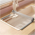 Roll Up Dish Drying Rack, Multipurpose Workstation Sink Roll-Up Dish Drying Rack, 14.6-18.5" Foldable Stainless Steel Over The Sink Kitchen Counter Dish Drainer(Gray,37x35cm/14.6x13.8in)