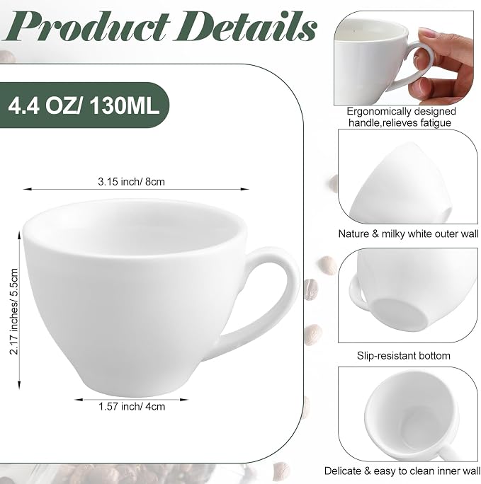 Reallnaive 16 Pieces 4.4 oz Porcelain Espresso Cups Set White 130ml Durable for Serving Coffee Tea Beverage for Cafes Office Home Restaurants Hotels