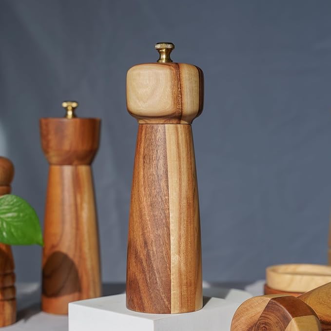 Salt Mill, Salt or Pepper Grinder with Adjustable Ceramic Grinding Core, Spice mill for Pepper and Salt, Acacia Wood, 8 inch/20.5 cm Height, Bottom DIA: 2.36 inch/6 cm(Tray is NOT Included)