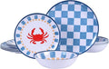 Webbylee Gingham Crab Pattern Melamine Dinnerware Sets 12 Pcs, Unbreakable Plates and Bowls Sets, Ocean Dinner Plates, Dishwasher Safe, Picnic, Camping,Gift,Blue Dish Set