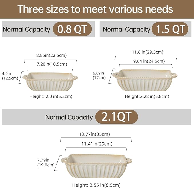 Casserole Dish for Oven, Ceramic Baking Dishes Set, Vintage Hobnail Bakeware Sets of 3, Rectangular Baking Pan, Deep Lasagna Pan with Handle for Cake, Wedding Kitchen Gift, 13.77“/11.6"/8.85"