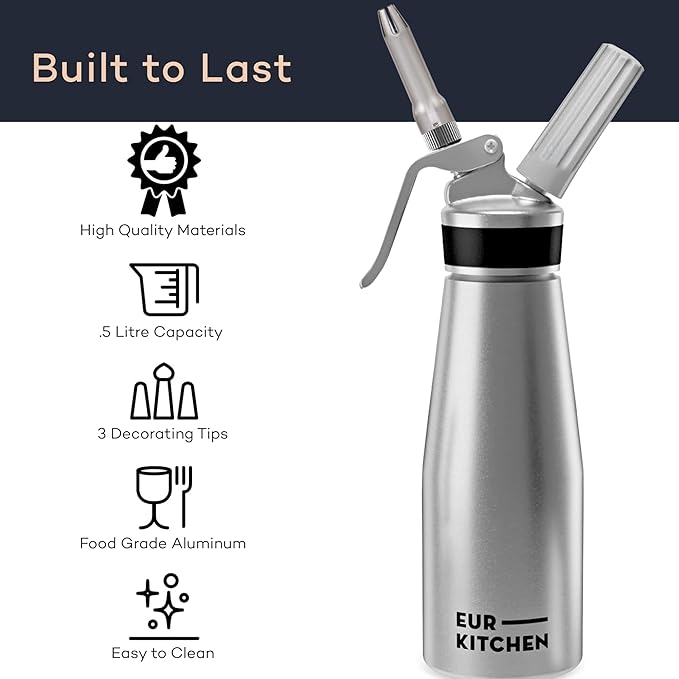 EurKitchen Professional Aluminum Whipped Cream Dispenser - Leak-Free Whip Cream Maker Canister with 3 Decorating Nozzles & Cleaning Brush - 1-Pint / 500 mL Cream Whipper - N2O Chargers (Not Included)