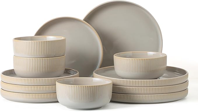 Frewinky Ceramic Dinnerware Sets for 4, Round Reactive Glaze Porcelain Plates and Bowls Sets, Scratch Resistant Modern Dishes Set, Dishwasher & Microwave Safe, Service for 4-Gray