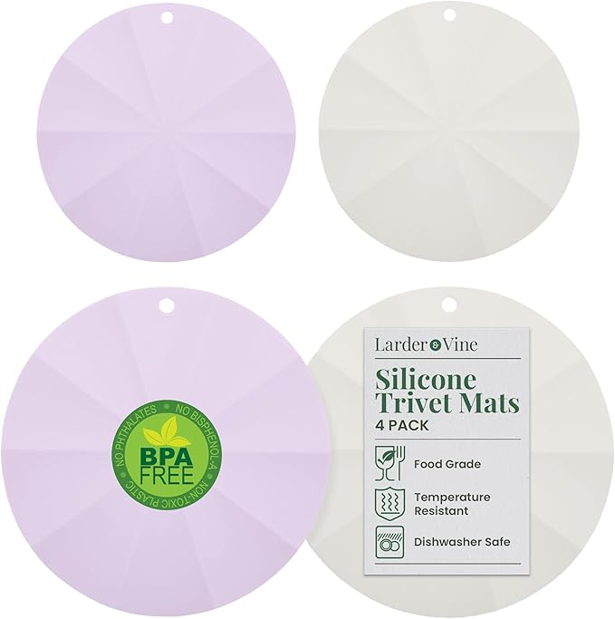 Larder & Vine Silicone Trivets for Hot Pots and Pans | Set of 4 Round Hot Pads for Kitchen | 7” & 9” Trivets for Hot Dishes | Heat-Resistant Silicone Mats for Kitchen Counter | Lavender/French Gray