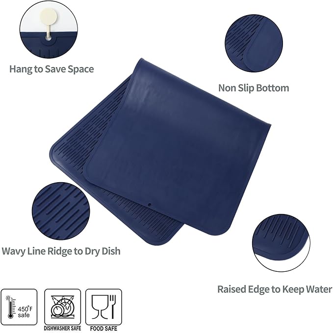 MicoYang Silicone Dish Drying Mat for Multiple Usage,Easy clean,Eco-friendly,Heat-resistant Silicone Mat for Kitchen Counter or Sink,Refrigerator or Drawer Liner Navy Blue 5XL 36inches x 18inches