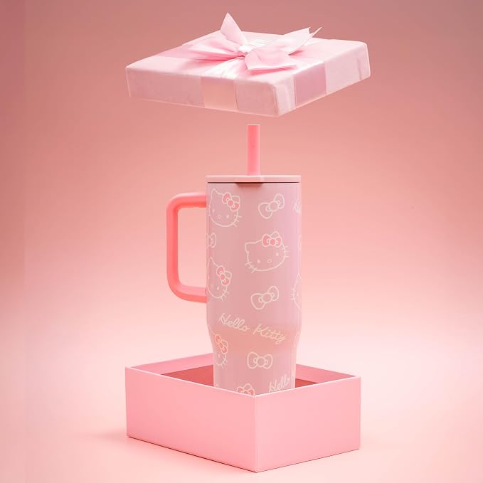 Zak Designs Sanrio Sutton Travel Tumbler for On the Go, 30oz Stainless Steel with Vacuum Insulation, Silicone Straw, and Carry Handle for Cold Drinks (Hello Kitty)