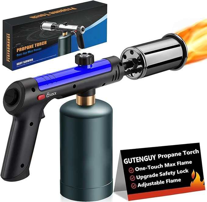 Powerful Propane Torch with One-Touch Max Fire, Adjustable Kitchen Torch with Safety Lock, Flamethrower, Blow Torch Gun for Grill, BBQ, Sous Vide, Campfire Starter (Tank Not Included)