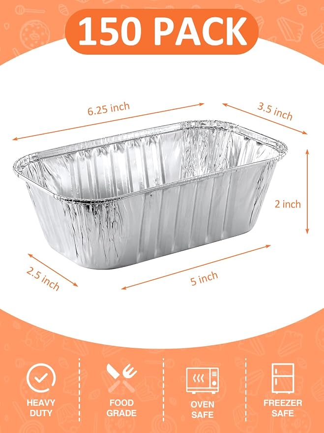 NEEBAKE 150 Pack 6x3.5x2 Disposable Aluminum Loaf Pans - 1 Lb Mini Loaf Pans, Small Aluminum Tin Foil Baking Pan, Food Containers for Baking, Cakes, Bread, Meat, Loaves