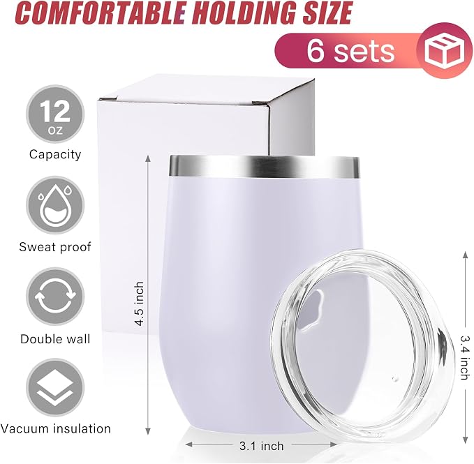 Remagr 6 Pack Stainless Steel Wine Tumblers 12 oz Insulated Vacuum Wine Cup Set Double Wall Stainless Steel Stemless Mug Glasses for Coffee Soda Whiskey Outdoor Travel (White)