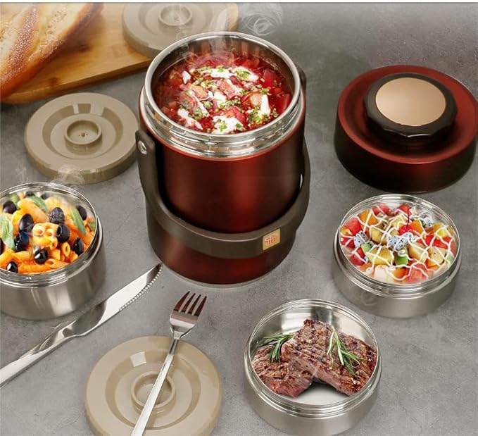 1.5L Bento Box, High Capacity Stainless Steel Portable Bento Box, Hot Food Thermos, Adults Lunch Thermos, 3 Layer Sealed Stackable Food, for Outdoor Office(Red)