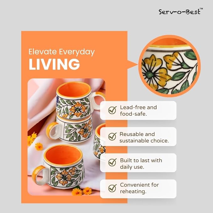 Servo Best Handmade Cermaic Tea Cup Set of 4-5 Oz Small Cups for Espresso, Cappuccino, Tea, Chai – Dishwasher & Microwave Safe – Gift Set for Coffee Lovers, Kitchen, Home, Office - Green Art
