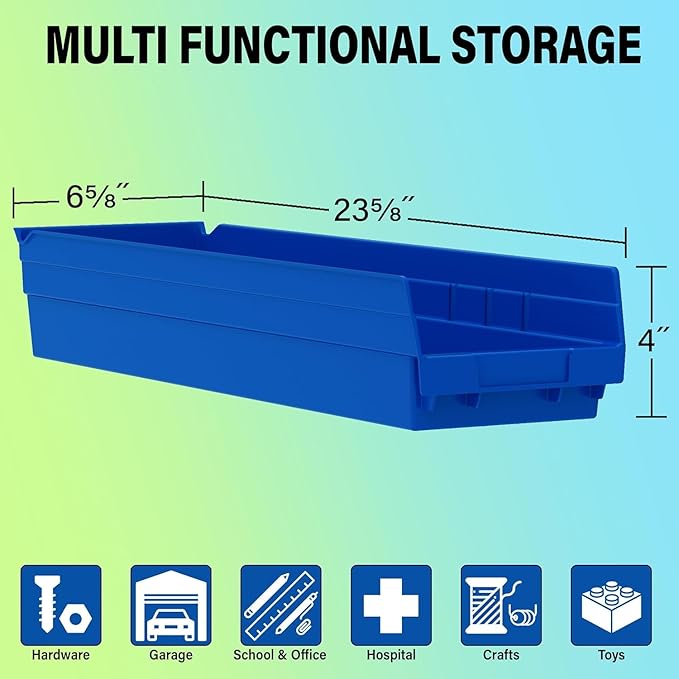 Akro-Mils 30164 Plastic Shelf Bins, Heavy Duty Storage Bins for Garage, Closet, and Drawer Organization, 24-Inch x 6-1/2-Inch x 4-Inch, Red, 6-Pack