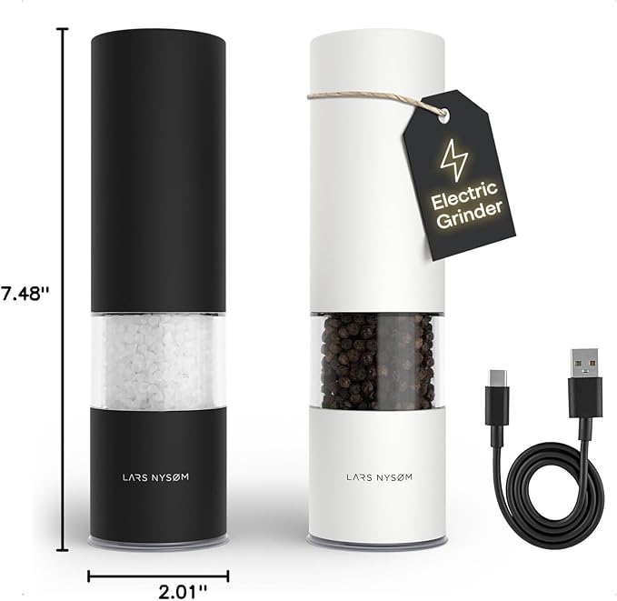 LARS NYSØM Electric Salt and Pepper Grinder Set I Automatic Salt and Pepper Mills with Adjustable Ceramic Grinder I USB Rechargeable Electric Spice Mill Set with LED Light (Black/White)