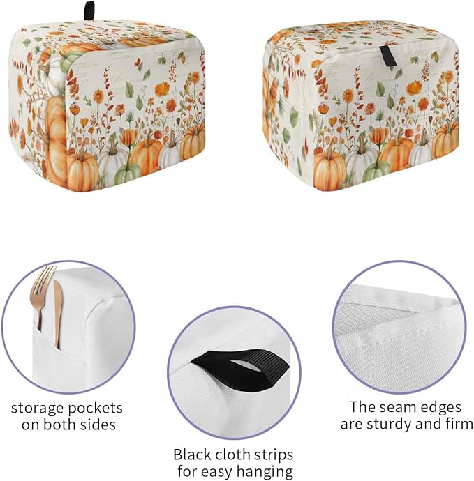 Orange White Pumpkins Fall Toaster Cover 2 Slice, Thanksgiving Botanical Leaves Dustproof Bakeware Oven Protector with Hook, Retro Waterproof Small Kitchen Appliance Toasters Dust Cover, 12"x7.5"x8"